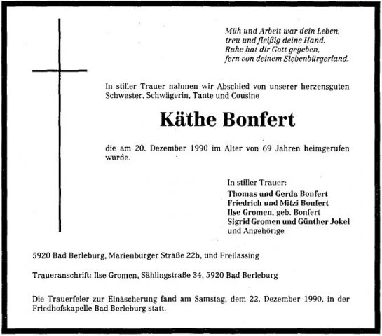 Bonfert Katharina 1921-1990 Todesanzeige